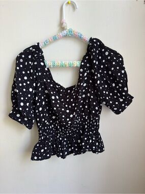Topshop Black and White Polka Dot Puff Sleeve Crop Top
